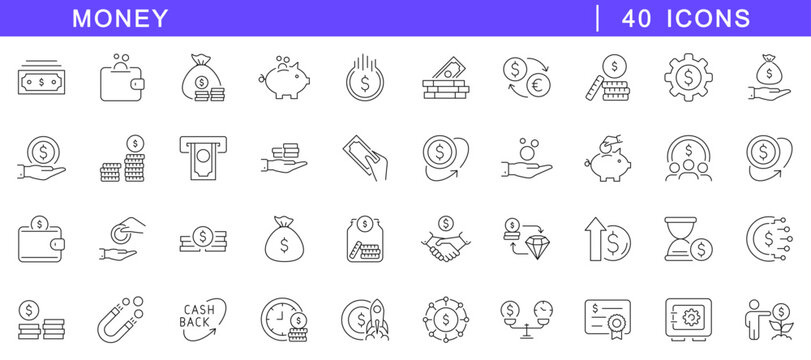 Money icon set. Finance icons in line style. Editable web icons wallet, cards, coins, moneybag, stash, cash, piggy bank etc. Vector illustration.