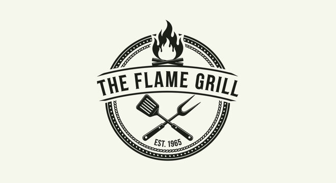 The Flame Grill Restaurant Logo with Fire Spatula and Fork.