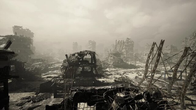 wide barren panorama with skeletal silhouettes on horizon, cracked ground and drifting dust extend toward distant ruined frames, empty expanse emphasizes