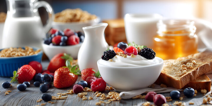 Creative food template, A bright sunlight rustic table filled with breakfast of yoghurt, fruits berry, honey cereal oats granola milk, whole wheat toast bread. copy text space. Long banner