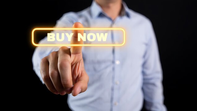 Man's Finger Pressing a Glowing Neon "BUY NOW" Button on a Digital Screen, Online Shopping Concept
