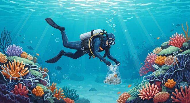 Scuba diver collecting ocean trash underwater.
