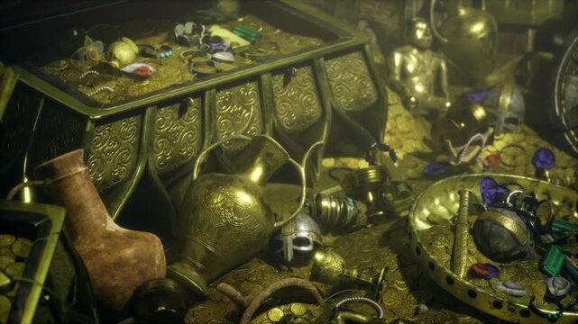 Gold coins and jeweled relics piled, eerie glow, tarnished skull peeking from velvet, boot and ornate goblet hinting at raider plunder, mossy cavern shadows