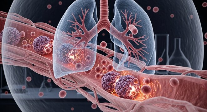 Anatomy of human lungs with cancer cells.