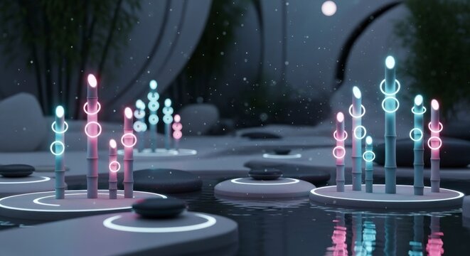 Abstract digital display of luminous objects over reflective water surface