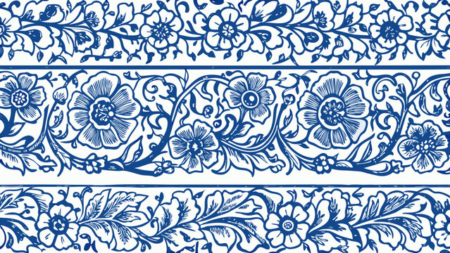 Intricate blue and white floral pattern repeating across a seamless background