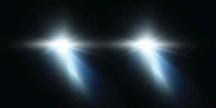 Cars light effect. White glow car headlight bright beams ray isolated on transparent background	
