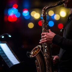 Fototapeta premium Jazz Day Musician plays saxophone with bokeh lights background image