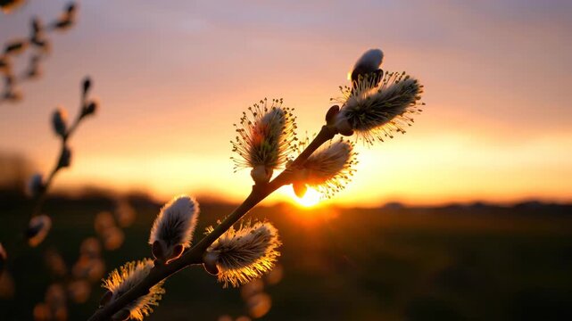 Willow branch with fluffy catkins illuminated by golden sunset light. Spring seasonal plant silhouette against evening horizon. Nature background for Easter card.