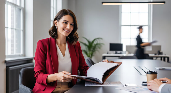 Job interview candidate reviewing documents during an office meeting with recruiter across the desk, female applicant presenting resume and paperwork in a hiring conversation about employment