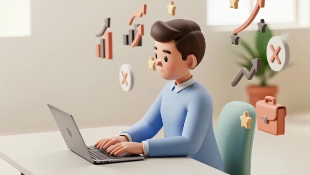 3D cartoon man working on laptop with business growth icons floating around