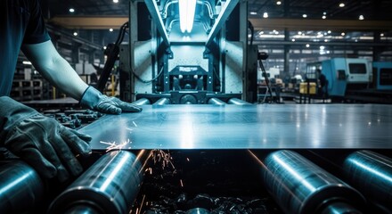 Fototapeta premium Worker processing metal sheets on industrial conveyor system