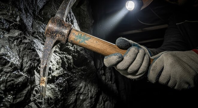 Hardworking miner extracting raw ore with pickaxe in deep mine