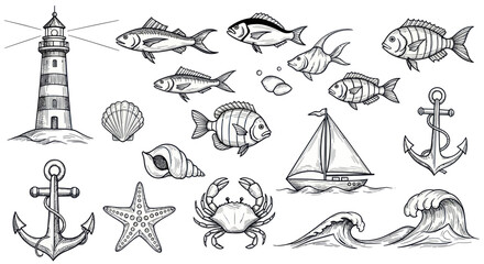 Hand Drawn Vintage Nautical and Marine Life Elements Set. © Wita