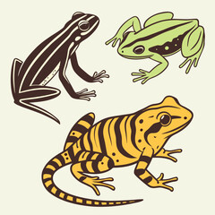 Fototapeta premium Set of three colorful tropical frogs illustration