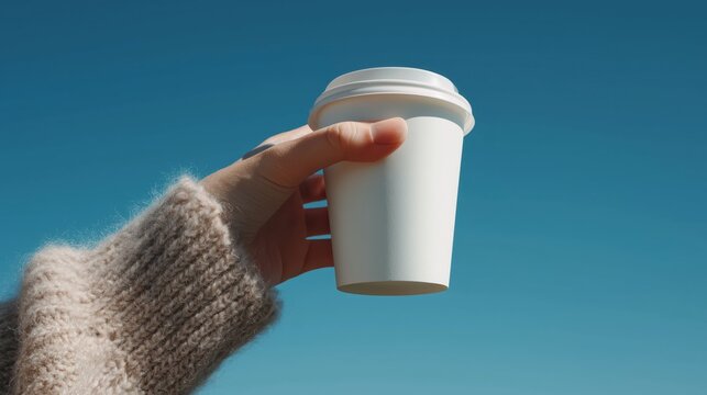 A hand in a cozy sweater holds a white coffee cup against a clear blue sky.