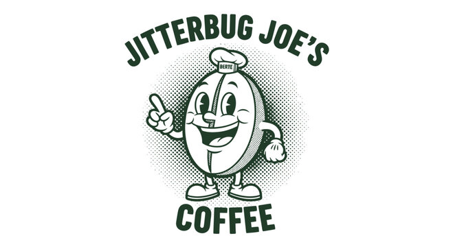 Jitterbug Joes Coffee Bean Mascot Logo Design.