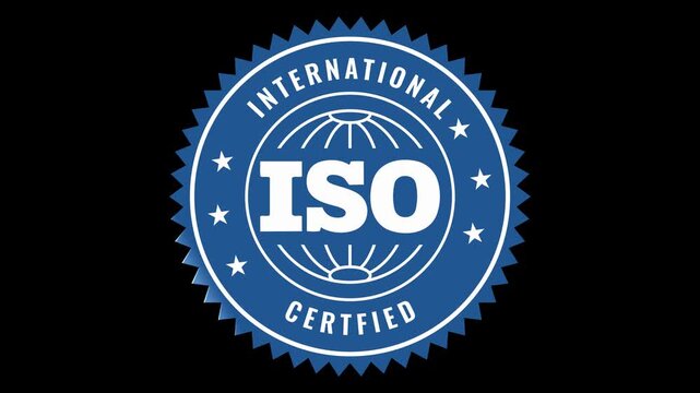 Animated ISO certified stamp, international quality standard motion graphic seal on transparent background.