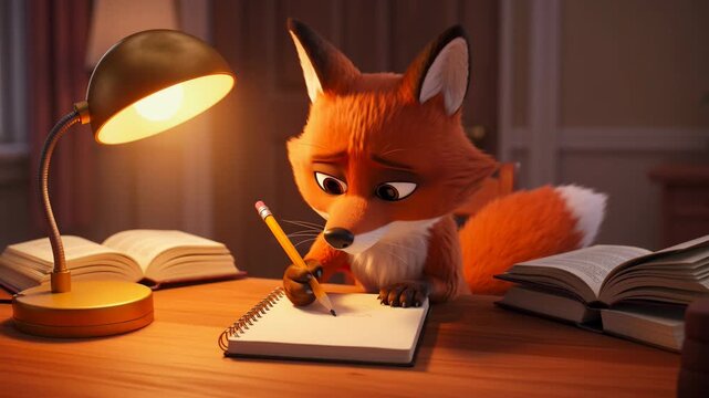 Animated fox character studying late at night under desk lamp writing in notebook surrounded by books,high quality render