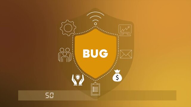 Software bug concept with business plan strategy and setting icon animation illustrating coding error detection, debugging process and system performance issue.