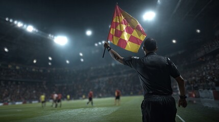 Obraz premium Soccer assistant referee or linesman holding a flag up during a night match. AI generated image