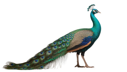 Fototapeta premium Majestic Indian peafowl, Pavo cristatus, with iridescent blue-green plumage and long ornate tail feathers, isolated PNG on transparent background