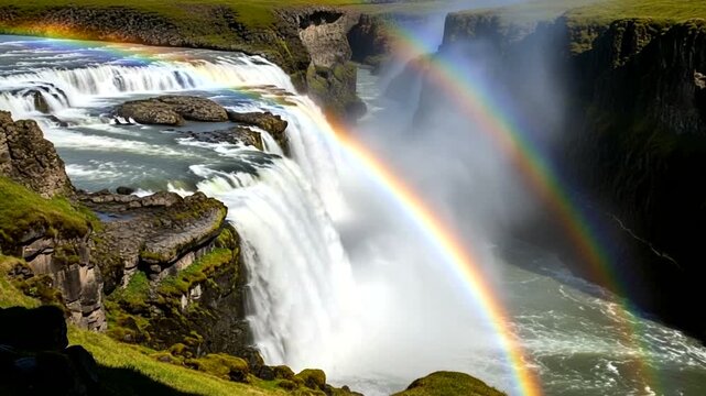 Majestic waterfall with rainbows in lush landscape