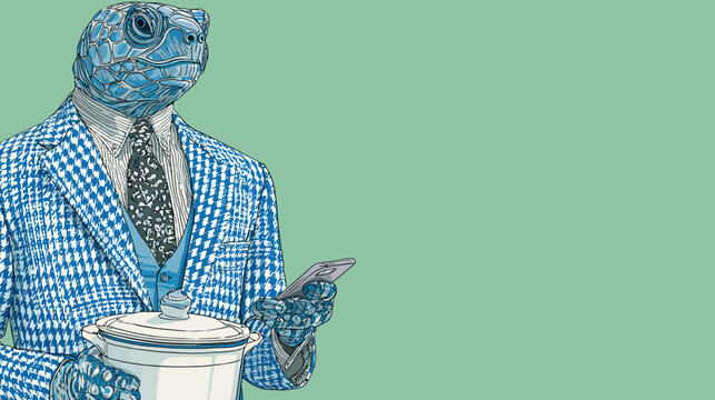 Stylized illustration of a turtle-headed figure in a blue patterned suit, holding a pot and phone