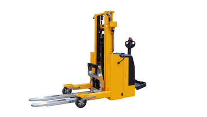 Bright yellow electric pallet stacker, a robust industrial forklift for warehouse logistics and material handling, isolated PNG © PAPADOMUS