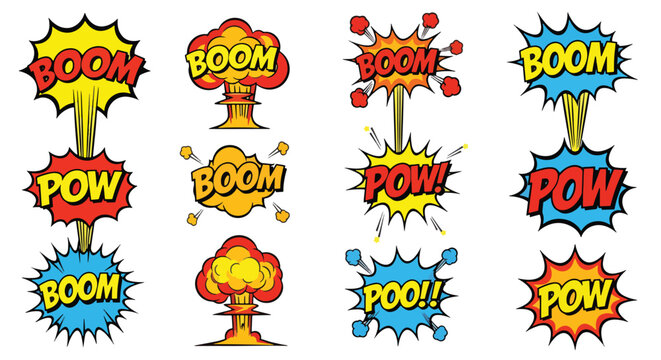 Vibrant comic book styled explosions offer dynamic visual elements with engaging sound effects perfect for enhancing layouts presentations and marketing materials with a touch of humor and action