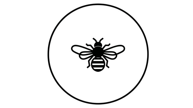 A stylized black bee within a black-lined circle, centered on a white background