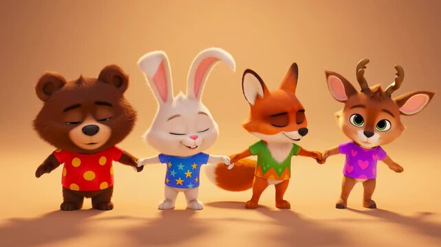 Cartoon animal friends holding hands featuring a bear a bunny a fox and a deer standing on beige background