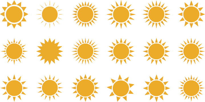 A diverse collection of eighteen yellow sun icons with various ray shapes displayed on a white surface