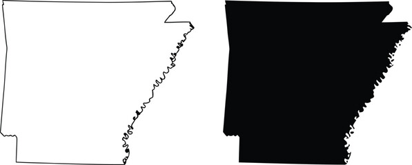 A black and white line drawing and a solid black silhouette of the state of arkansas in the usa Vector © Rehena
