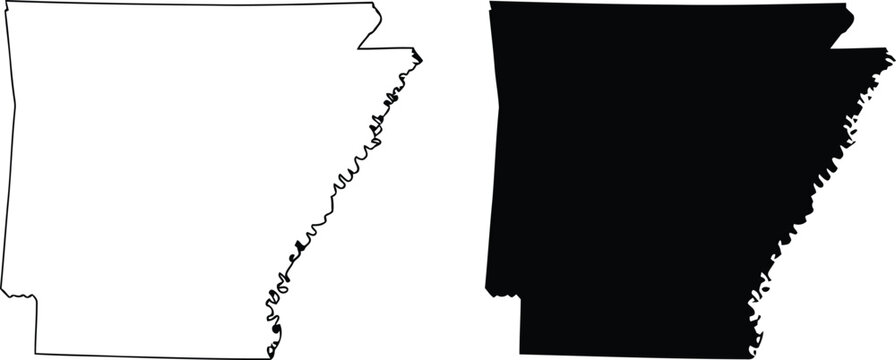 A black and white line drawing and a solid black silhouette of the state of arkansas in the usa Vector