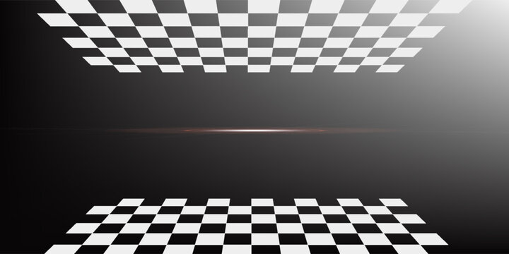 Chess perspective room background. Black and white chess board perspective room texture. Chess board pattern surface. Fading and disappearing chess board background. Abstract vector illustration.