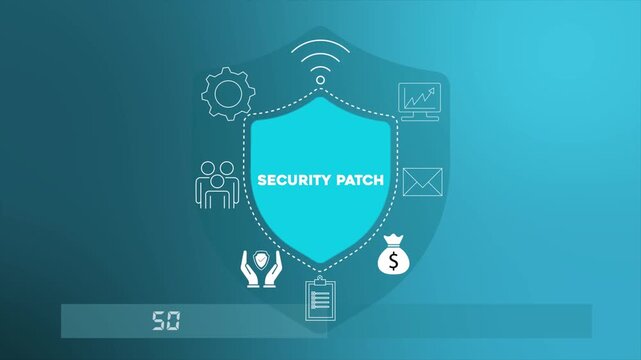 Security patch installation protecting system from vulnerabilities and cyber threats 4K animation video.