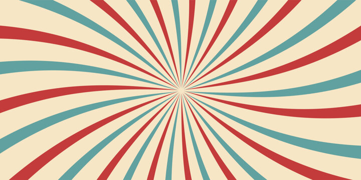 Circus or carnival rays background layout with vector grunge texture. Retro spiral pattern with red, white and blue radial stripes of vintage circus, carnival, fair or chapiteau big top tent