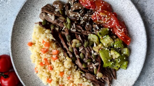 A bowl with beef, porridge, mushrooms, vegetables, sauce, and spices. Beef bowl as a food background for your design