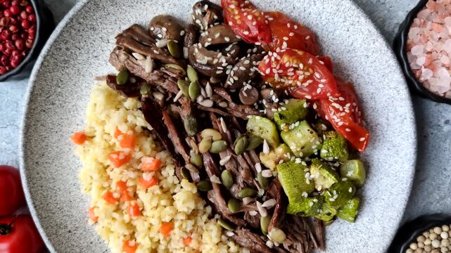 A bowl with beef, porridge, mushrooms, vegetables, sauce, and spices. Beef bowl as a food background for your design