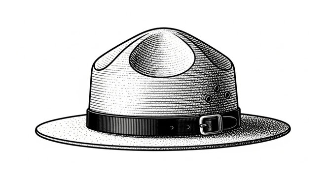 A black and white illustration of a classic fedora hat with a wide brim and indented crown