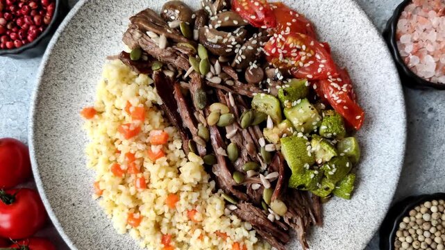 A bowl with beef, porridge, mushrooms, vegetables, sauce, and spices. Beef bowl as a food background for your design