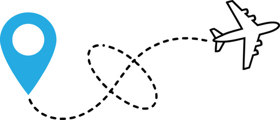 A simple flat design icon showing a blue map location pin connected to an airplane flight path Vector © Rehena