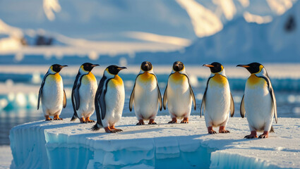 Obraz premium A group of seven emperor penguins stands on an ice floe in a cold, icy landscape