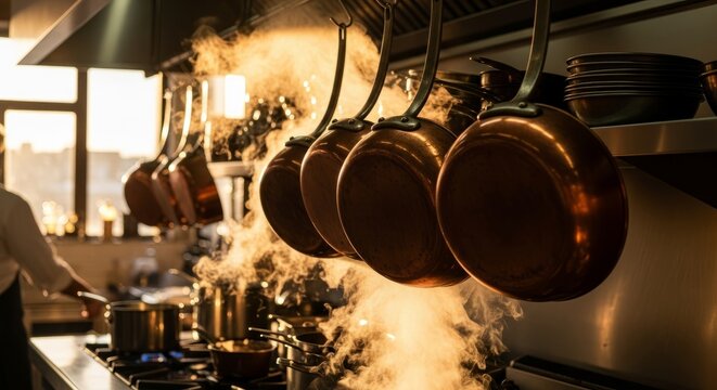 Professional chef cooking in industrial kitchen with copper pans