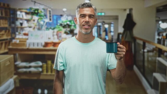 Man holding mug in hand inside a store building, smiling at camera, wearing mint tshirt; calm contentment routine.