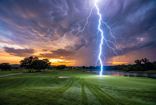 Lightning bolt striking green field at twilight with sunset sky