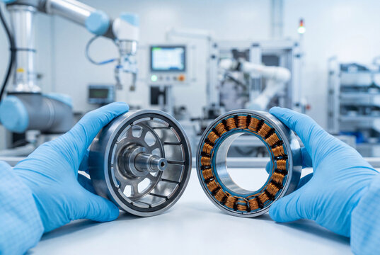 Engineer holding brushless electric motor components rotor and stator in a factory