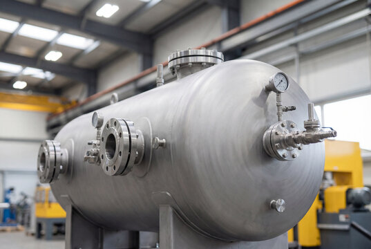 Large stainless steel industrial pressure vessel tank in a factory workshop