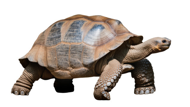 Detailed view of a large terrestrial tortoise with a distinctive domed shell and scaly legs, isolated PNG on transparent background, for animal themes